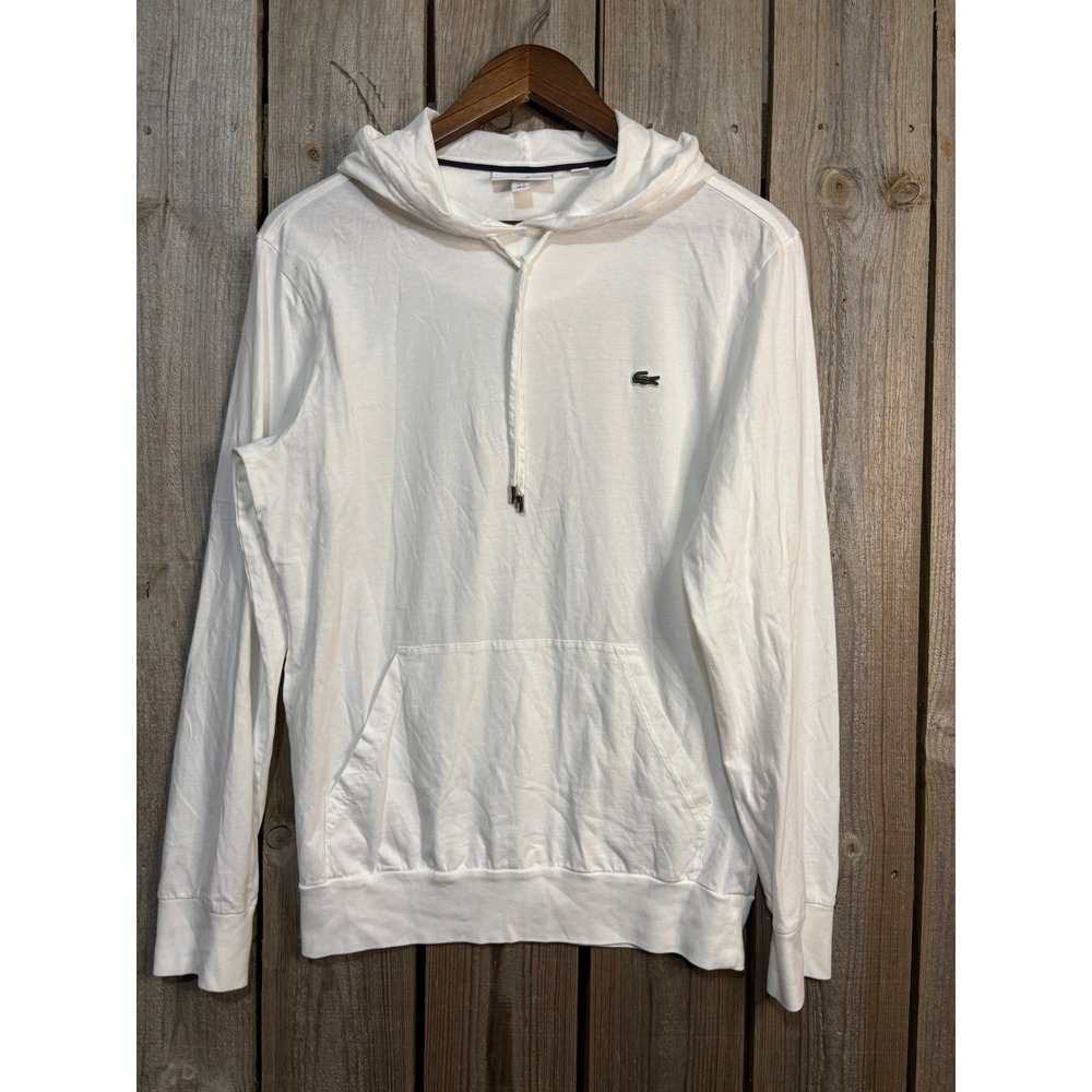 Lacoste White Lightweight Hooded Pullover Sweatshirt with Green Croc